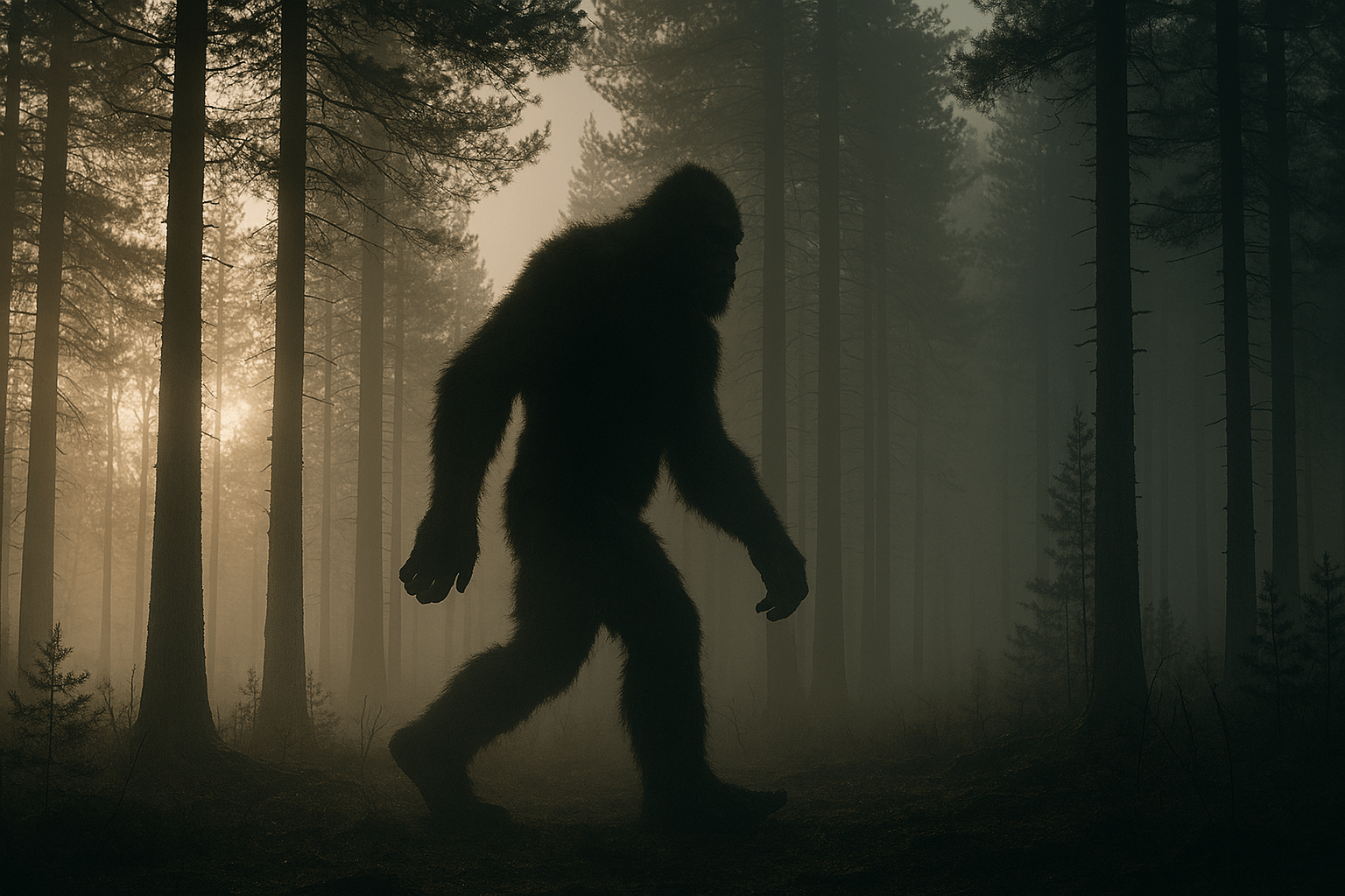 Silhouette of Bigfoot walking through a misty forest at dusk, representing Bigfoot stories and sightings.
