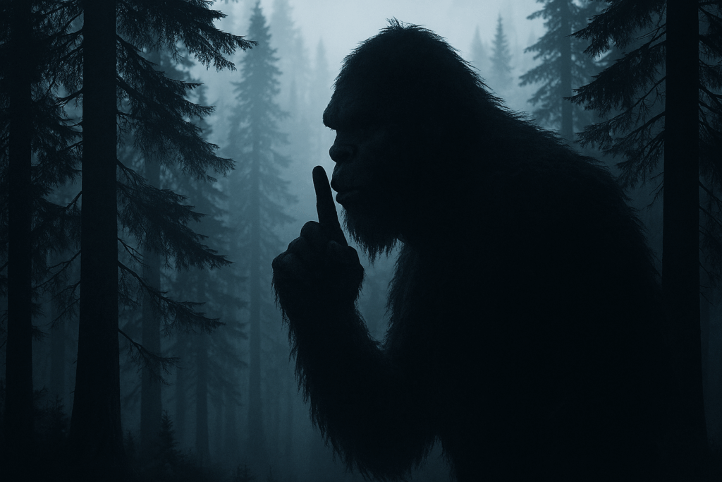 Silhouette of Bigfoot in a misty pine forest, holding one finger to lips in a pronounced “shhh” gesture. The creature is framed by tall, shadowy trees and soft atmospheric lighting, evoking a moody yet playful sense of mystery. No humans are present; the scene emphasizes Bigfoot’s secretive charm in a natural, cinematic setting.