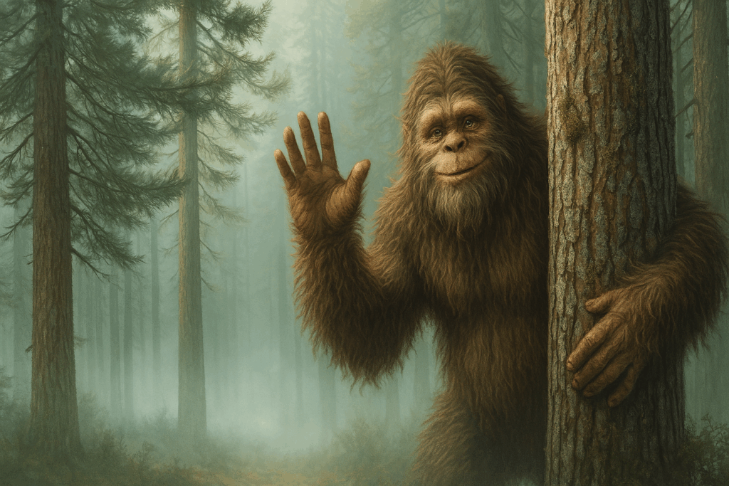 Bigfoot waving for Bigfoot gag gifts