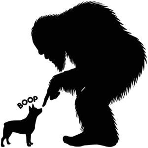 Silhouette blue heeler being booped on the nose by Bigfoot