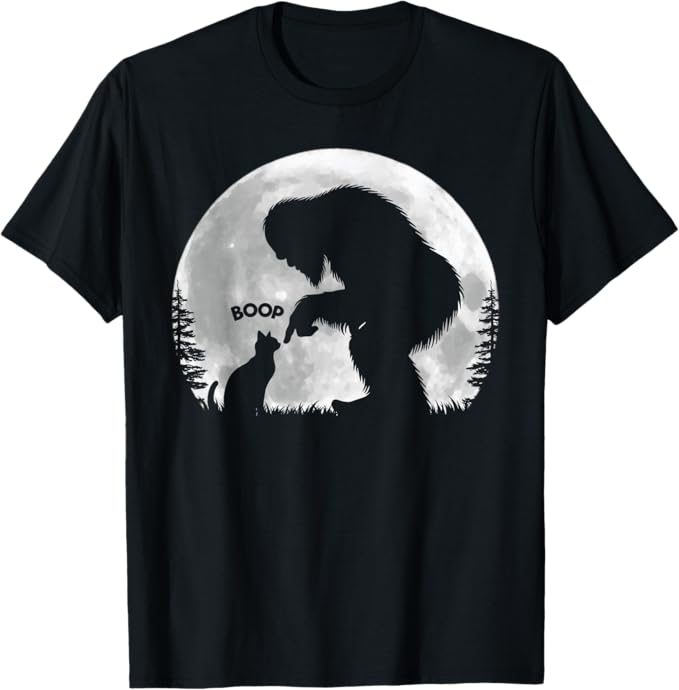 Sasquatch Cat T-Shirt with hand boop nose design, full moon, and playful Bigfoot humor illustration