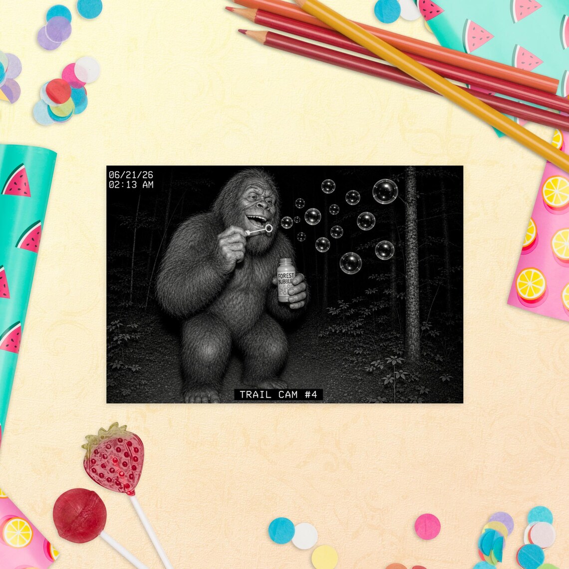 Bigfoot Blowing Bubbles Trail Cam Postcard - Image 4