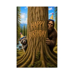 Happy Birthday Bigfoot and Raccoon Postcard
