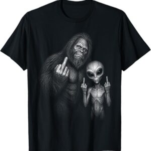Bigfoot Alien Middle Finger T-Shirt featuring Sasquatch and a classic grey alien standing side by side making a humorous gesture.