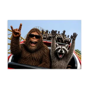 Bigfoot and Raccoons Roller Coaster Postcard