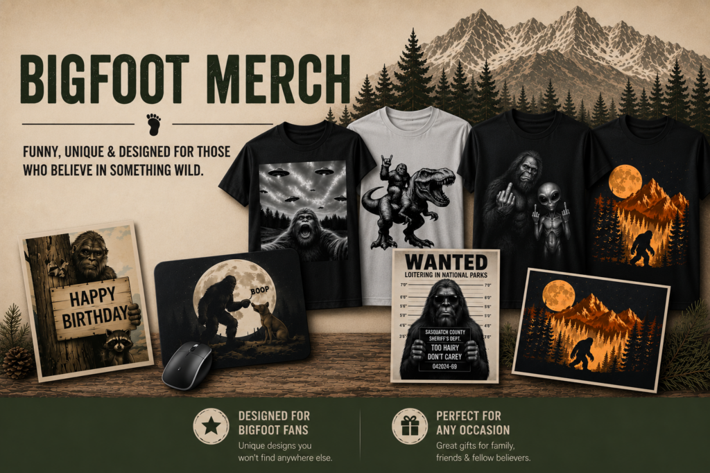 Bigfoot merchandise featuring original T-shirts, postcards, and mouse pads designed for Bigfoot fans.