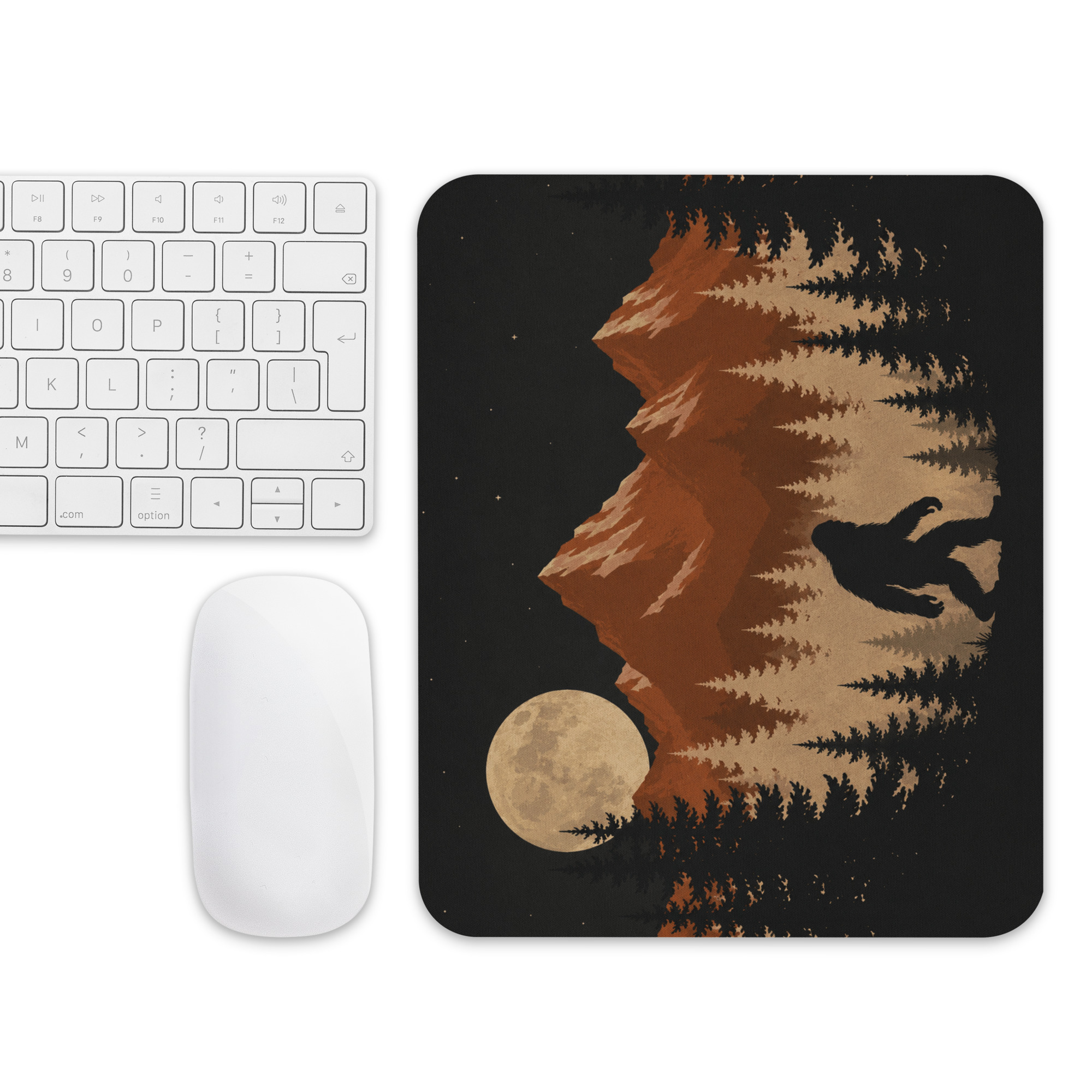 Bigfoot Under the Moon Mouse Pad, Rustic Forest Mountain Mousepad