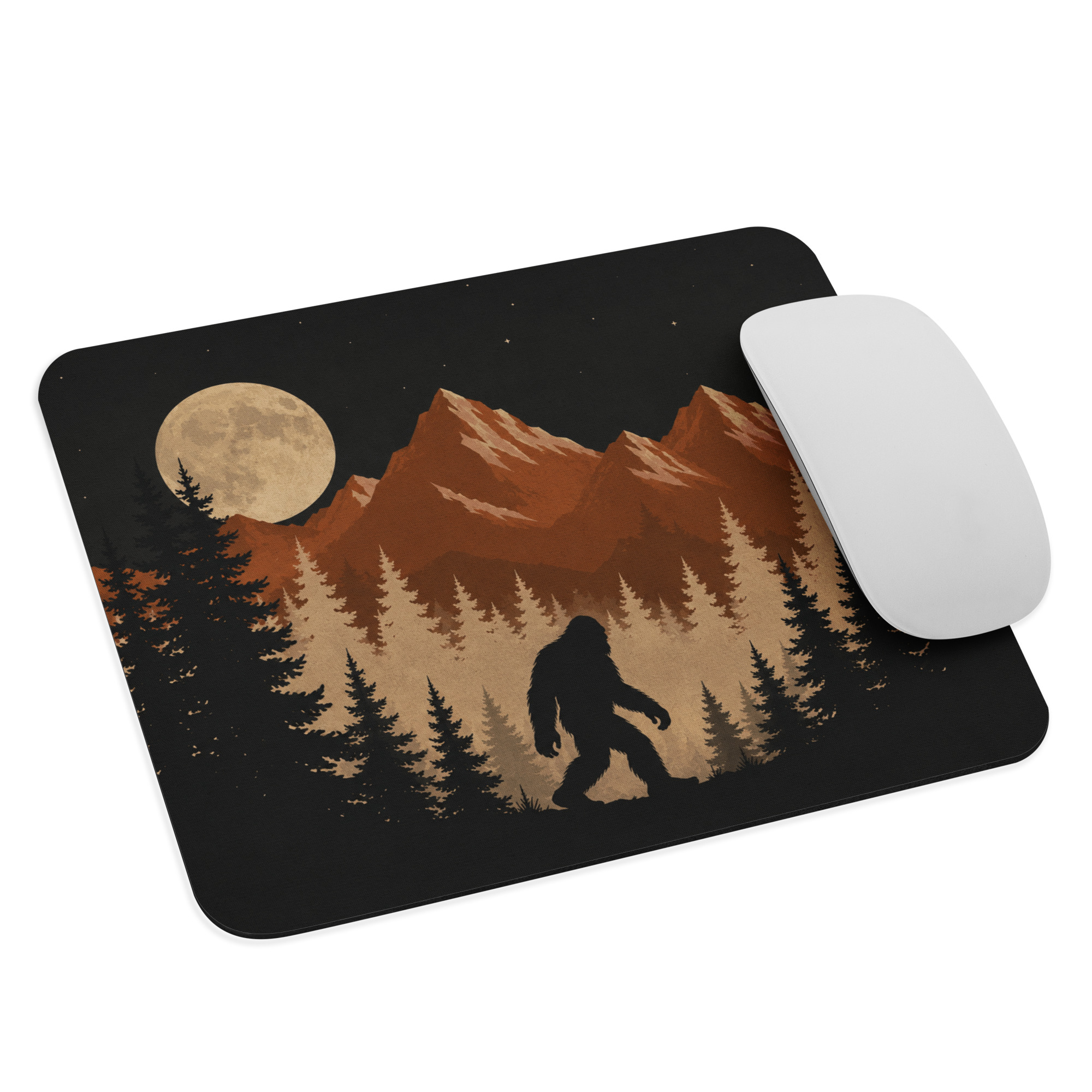 Bigfoot Under the Moon Mouse Pad, Rustic Forest Mountain Mousepad