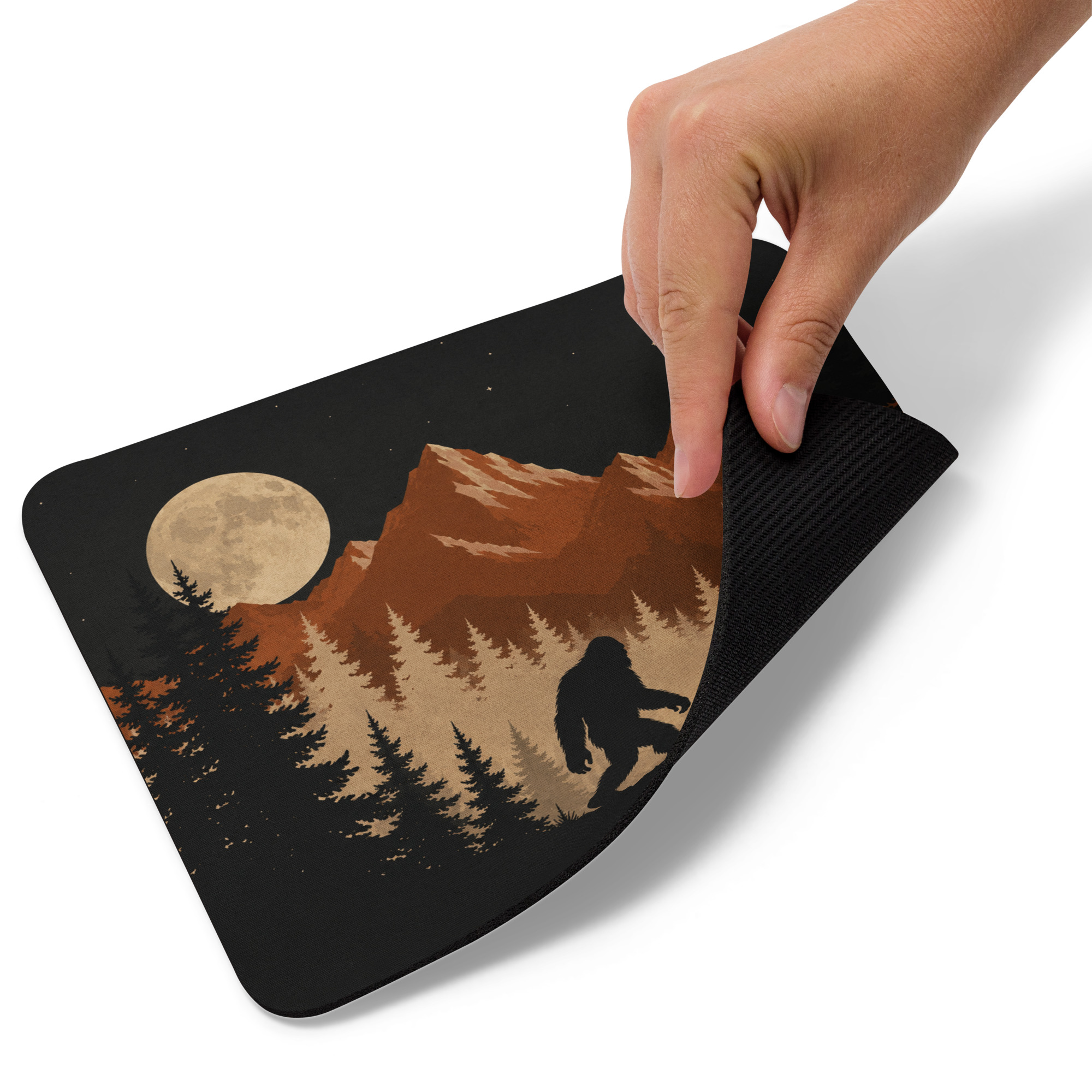 Bigfoot Under the Moon Mouse Pad, Rustic Forest Mountain Mousepad